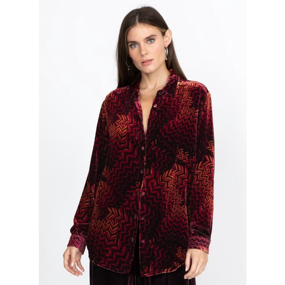 Johnny Was Tops - Johnny Was Belle Velvet Oversized Shirt Womens XL Colorful Button Up Silk Blend